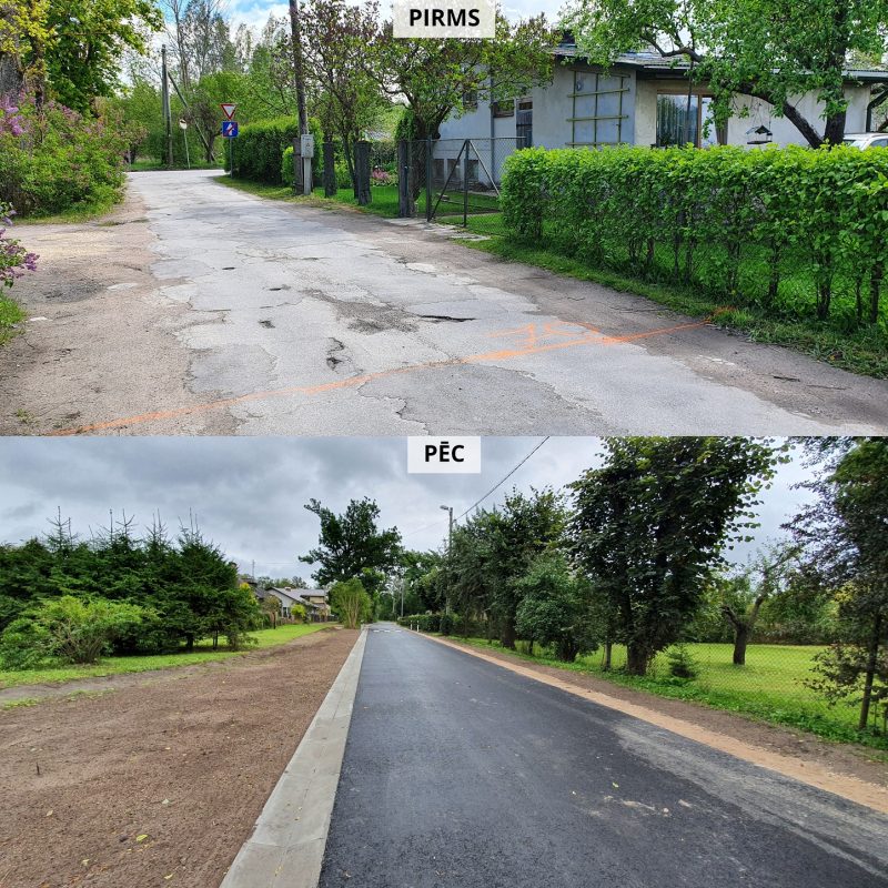 Zemeņu iela pirms un pēc seguma atjaunošanas