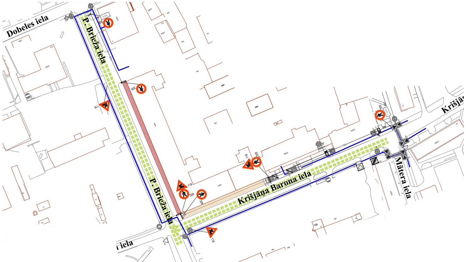 Slēgta gājēju kustība Pulkveža Brieža ielā un Krišjāņa Barona ielā
