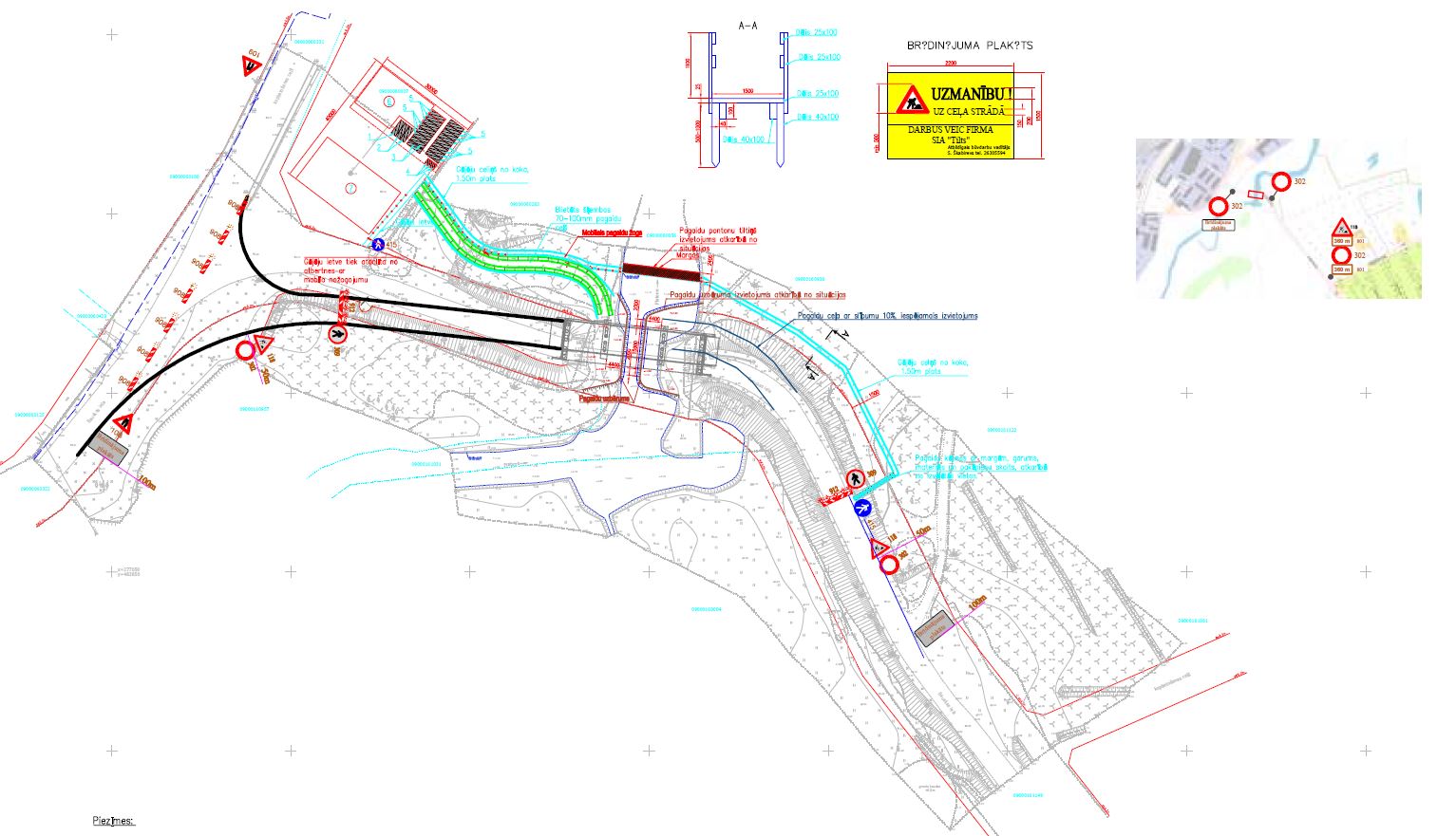 Satiksmes organizācijas shēma Bauskas ielā pie Platones upes, tilta būvdarbu laikā