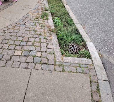 Zaļā josla ar pazeminājumu starp brauktuvi un gājēju joslu