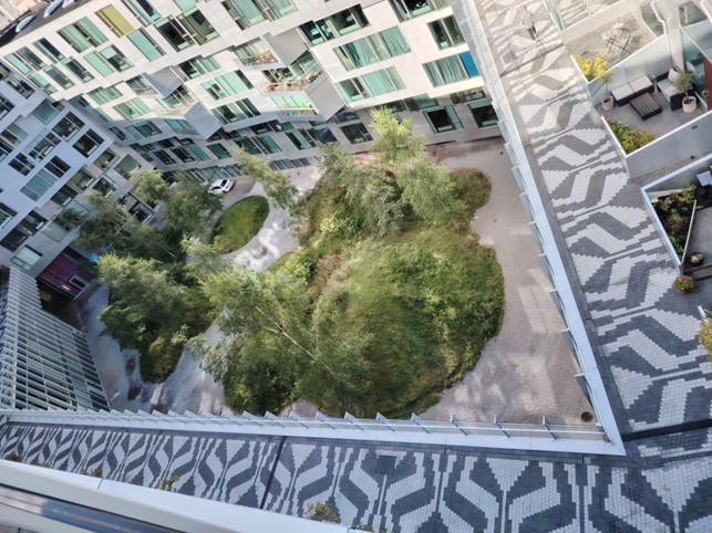 Iekšpagams Kopenhāgenā ar zaļo risinājumu - ainavas skats un lietus ūdens inflitrēšana