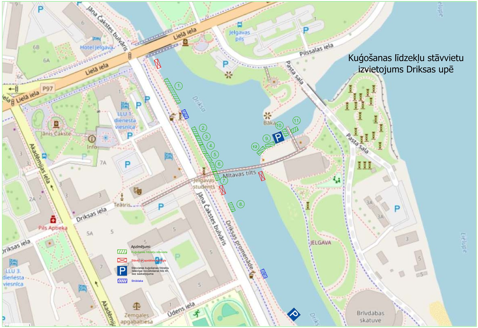 Kuģošanas līdzekļu stāvvietu izvietojums Driksas upē