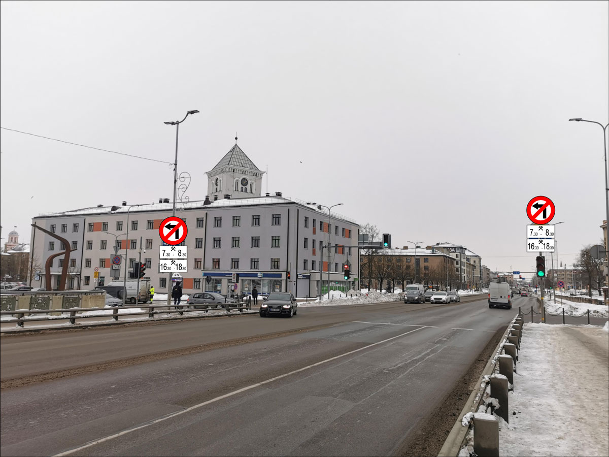 No pirmdienas, 9. februāra, darbdienu rīta un vakara stundās aizliegs kreiso pagriezienu no Driksas tilta uz Jāņa Čakstes bulvāri
