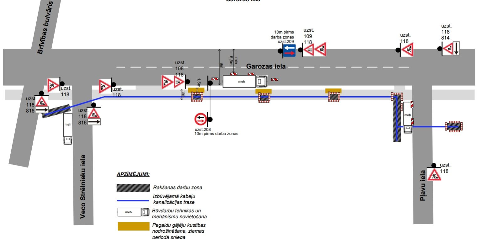 Satiksmes organizācijas shēma būvdarbiem Garoza ielā ar rakšanas darbu zonu, kabeļu trases izbūvi un pagaidu ceļa zīmēm.