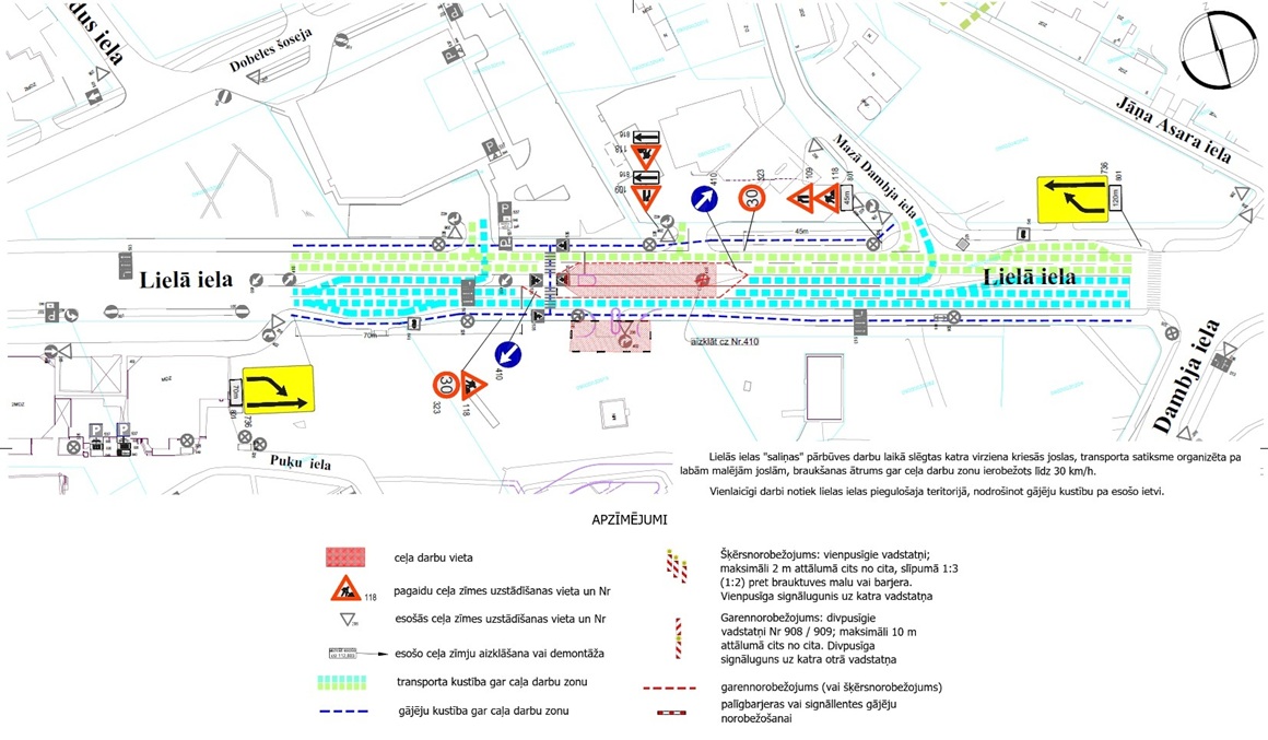Satiksmes organizācijas shēma Lielajā ielā remontdarbu laikā ar joslu sašaurinājumu, ātruma ierobežojumiem un novirzītu transporta un gājēju plūsmu.