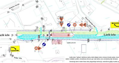 Lielā_iela_small Satiksmes organizācijas shēma Lielajā ielā remontdarbu laikā ar joslu sašaurinājumu, ātruma ierobežojumiem un novirzītu transporta un gājēju plūsmu.