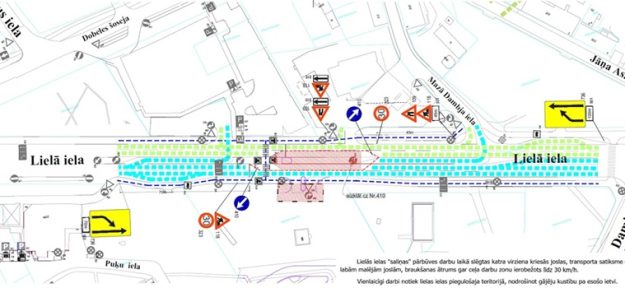 Lielā_iela_small Satiksmes organizācijas shēma Lielajā ielā remontdarbu laikā ar joslu sašaurinājumu, ātruma ierobežojumiem un novirzītu transporta un gājēju plūsmu.