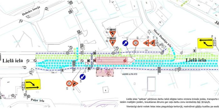 Satiksmes organizācijas shēma Lielajā ielā remontdarbu laikā ar joslu sašaurinājumu, ātruma ierobežojumiem un novirzītu transporta un gājēju plūsmu.