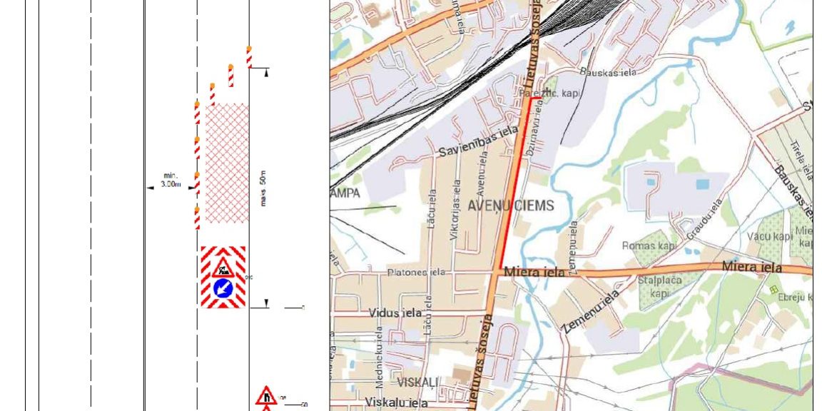 Attēlā redzama satiksmes organizācijas shēma un karte. Kreisajā pusē parādīta ceļa joslas slēgšanas shēma: viena braukšanas josla norobežota ar ceļa konusiem un pagaidu marķējumu, izveidojot darbu zonu (maksimālais garums 50 m), saglabājot vismaz 3,0 m platu braukšanas joslu satiksmei. Darbu zonas sākumā novietotas pagaidu ceļa zīmes un virziena norādes apbraukšanai. Labajā pusē redzama kartes izgriezums ar iezīmētu ceļa posmu Rīgā, Avenīciema apkaimē. Ar sarkanu krāsu izcelts remontdarbu posms uz galvenās ielas starp Miera ielu un dzelzceļa pārvadu. Karte parāda apkārtējās ielas, apbūvi un kapsētu teritorijas.