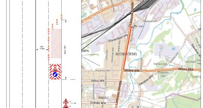 Lietuvas soseja Attēlā redzama satiksmes organizācijas shēma un karte. Kreisajā pusē parādīta ceļa joslas slēgšanas shēma: viena braukšanas josla norobežota ar ceļa konusiem un pagaidu marķējumu, izveidojot darbu zonu (maksimālais garums 50 m), saglabājot vismaz 3,0 m platu braukšanas joslu satiksmei. Darbu zonas sākumā novietotas pagaidu ceļa zīmes un virziena norādes apbraukšanai. Labajā pusē redzama kartes izgriezums ar iezīmētu ceļa posmu Rīgā, Avenīciema apkaimē. Ar sarkanu krāsu izcelts remontdarbu posms uz galvenās ielas starp Miera ielu un dzelzceļa pārvadu. Karte parāda apkārtējās ielas, apbūvi un kapsētu teritorijas.