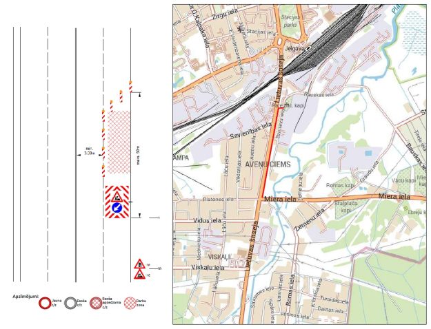 Lietuvas soseja Attēlā redzama satiksmes organizācijas shēma un karte. Kreisajā pusē parādīta ceļa joslas slēgšanas shēma: viena braukšanas josla norobežota ar ceļa konusiem un pagaidu marķējumu, izveidojot darbu zonu (maksimālais garums 50 m), saglabājot vismaz 3,0 m platu braukšanas joslu satiksmei. Darbu zonas sākumā novietotas pagaidu ceļa zīmes un virziena norādes apbraukšanai. Labajā pusē redzama kartes izgriezums ar iezīmētu ceļa posmu Rīgā, Avenīciema apkaimē. Ar sarkanu krāsu izcelts remontdarbu posms uz galvenās ielas starp Miera ielu un dzelzceļa pārvadu. Karte parāda apkārtējās ielas, apbūvi un kapsētu teritorijas.
