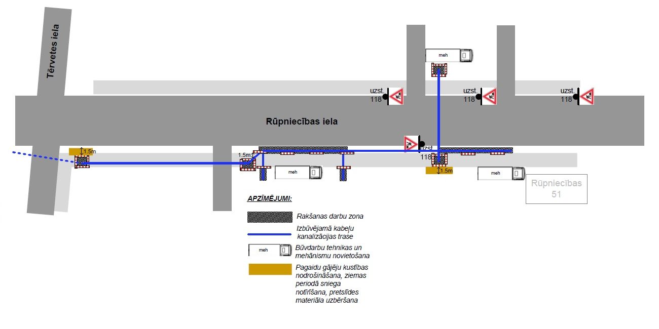 Satiksmes organizācijas shēma būvdarbiem Rūpniecības ielā ar rakšanas zonām, kabeļu trases izbūvi un pagaidu ceļa zīmēm.