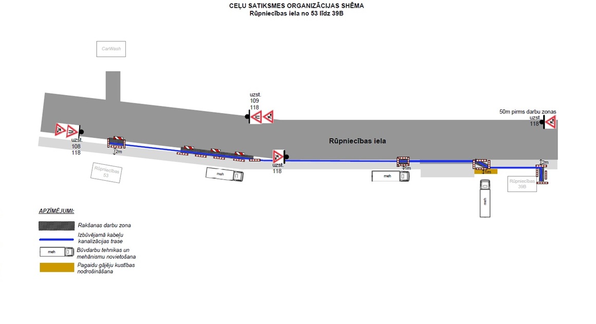 Satiksmes organizācijas shēma būvdarbiem Rūpniecības ielā ar rakšanas zonām, kabeļu trases izbūvi un pagaidu ceļa zīmēm.