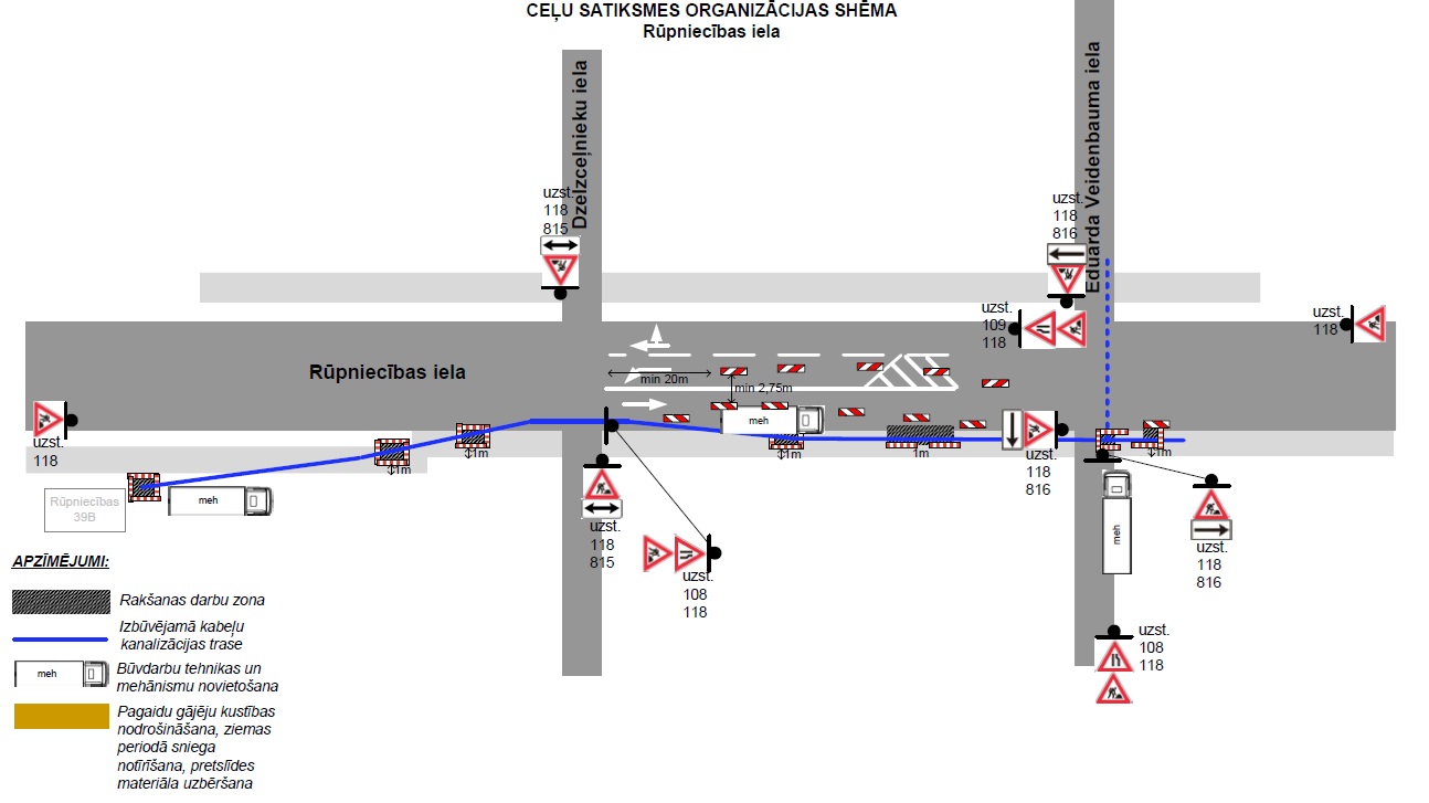Satiksmes organizācijas shēma būvdarbiem Rūpniecības ielā ar rakšanas zonām, kabeļu trases izbūvi un pagaidu ceļa zīmēm.