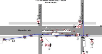 Rupniecibas_iela_2_small Satiksmes organizācijas shēma būvdarbiem Rūpniecības ielā ar rakšanas zonām, kabeļu trases izbūvi un pagaidu ceļa zīmēm.
