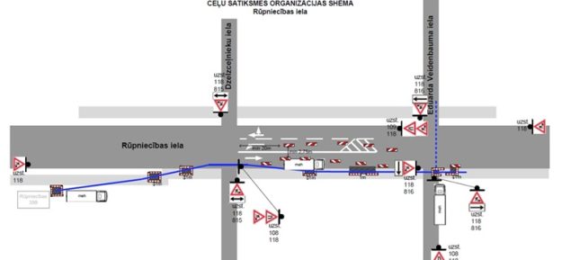 Rupniecibas_iela_2_small Satiksmes organizācijas shēma būvdarbiem Rūpniecības ielā ar rakšanas zonām, kabeļu trases izbūvi un pagaidu ceļa zīmēm.