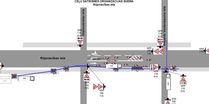 Satiksmes organizācijas shēma būvdarbiem Rūpniecības ielā ar rakšanas zonām, kabeļu trases izbūvi un pagaidu ceļa zīmēm.