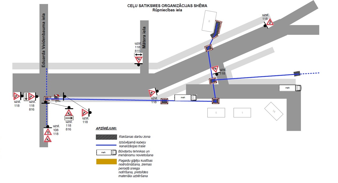Satiksmes organizācijas shēma būvdarbiem Rūpniecības ielā ar rakšanas zonām, kabeļu trases izbūvi un pagaidu ceļa zīmēm.