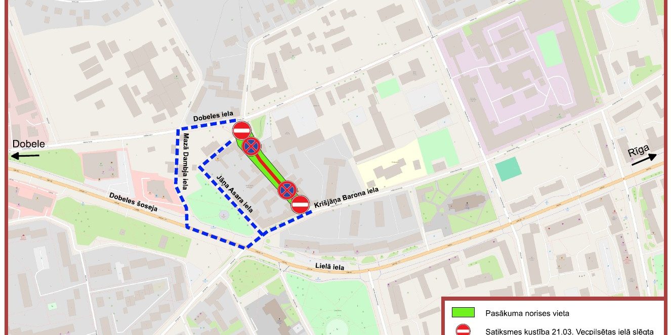 Karte ar satiksmes ierobežojumiem Jelgavā pasākuma ‘Pavasara saulgrieži Vecpilsētā’ laikā 21.03.2026., kur Vecpilsētas ielas posms ir slēgts, iezīmēti apbraucamie ceļi un aizliegts apstāties un stāvēt noteiktos posmos.
