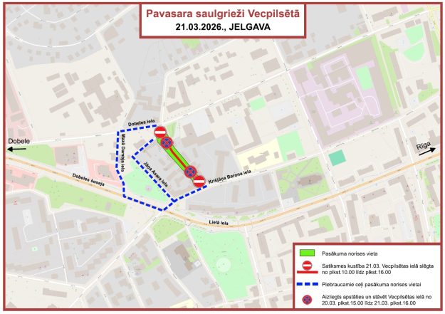 saulgrieži_vecpilseta Karte ar satiksmes ierobežojumiem Jelgavā pasākuma ‘Pavasara saulgrieži Vecpilsētā’ laikā 21.03.2026., kur Vecpilsētas ielas posms ir slēgts, iezīmēti apbraucamie ceļi un aizliegts apstāties un stāvēt noteiktos posmos.