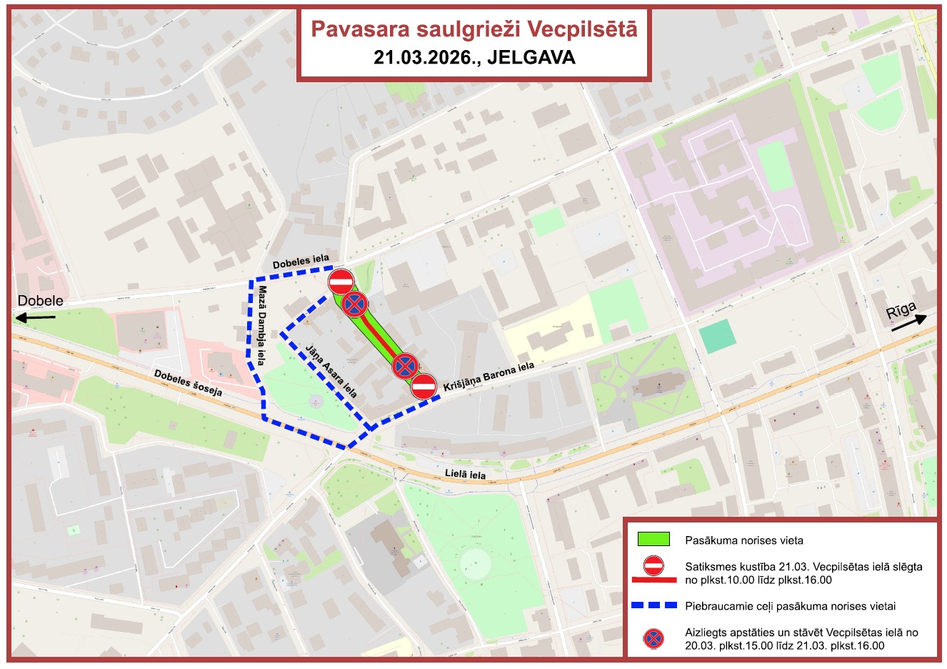 Karte ar satiksmes ierobežojumiem Jelgavā pasākuma ‘Pavasara saulgrieži Vecpilsētā’ laikā 21.03.2026., kur Vecpilsētas ielas posms ir slēgts, iezīmēti apbraucamie ceļi un aizliegts apstāties un stāvēt noteiktos posmos.