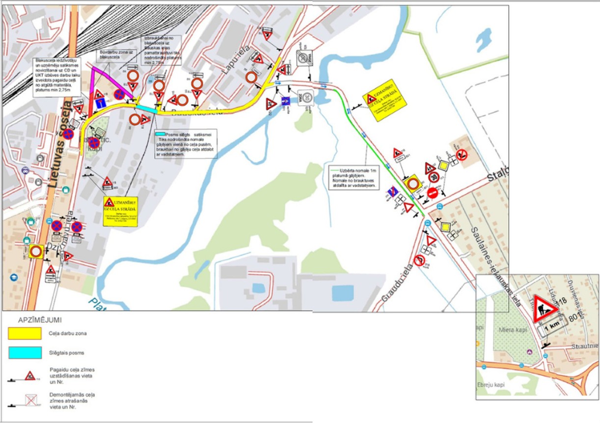 Satiksmes shēma Jelgavā: Dzirnavu ielas posms slēgts, būvdarbi Lietuvas šosejas un Graudu ielas rajonā. Uzstādītas pagaidu ceļa zīmes un apbraucamie ceļi.
