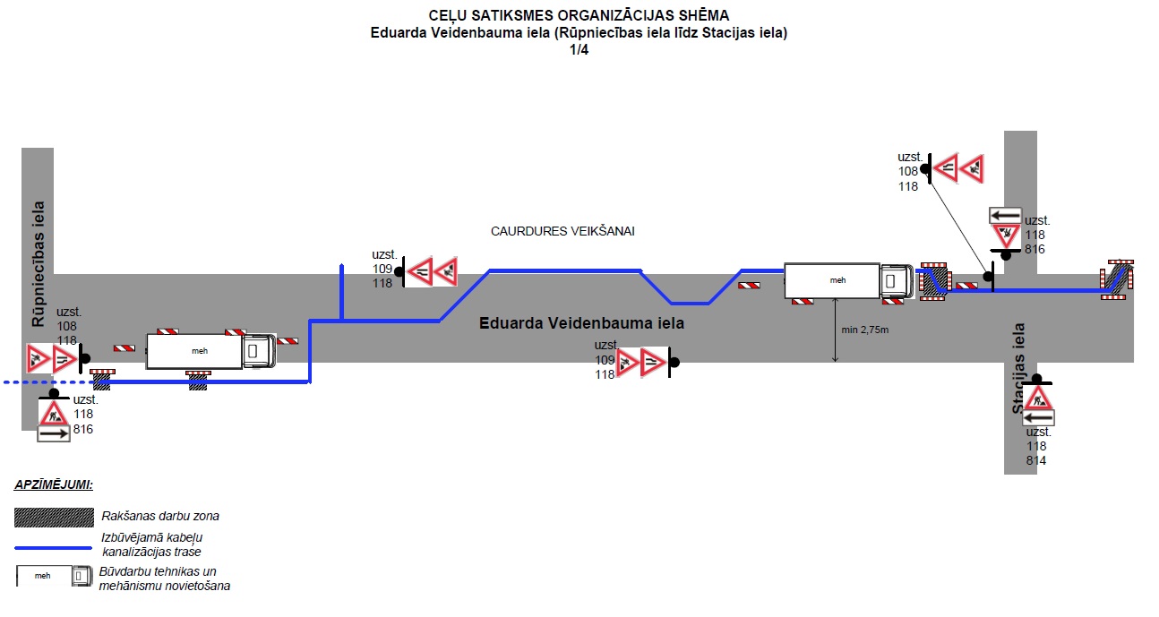 Satiksmes shēma E. Veidenbauma ielā (Rūpniecības–Stacijas iela) caurdures veikšanai. Iezīmēta kabeļu trase, tehnikas novietojums un zīmes par joslu sašaurinājumu.