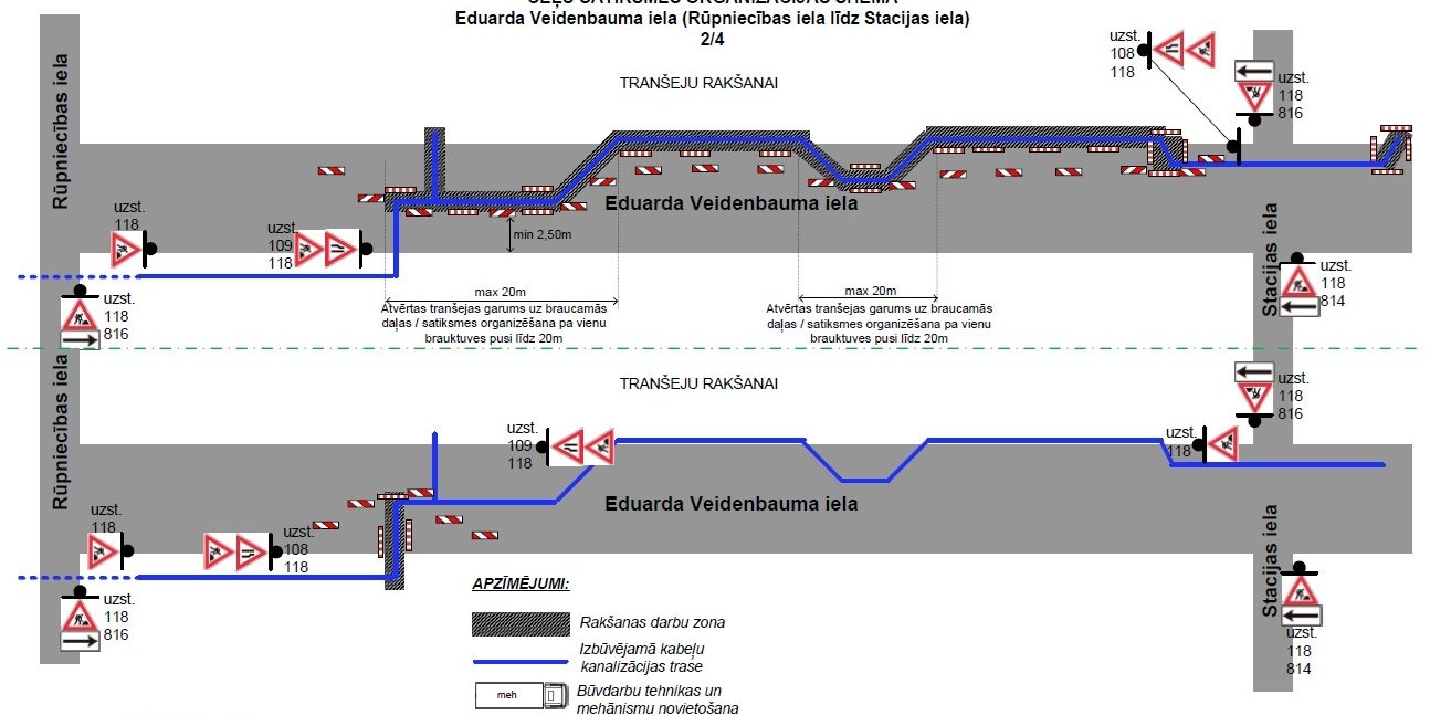 Satiksmes shēma E. Veidenbauma ielā (Rūpniecības–Stacijas iela) tranšeju rakšanai. Attēlota kabeļu trase, darba zonas un brīdinājuma zīmes par joslu sašaurinājumu.