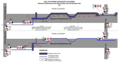 Ed_Veidenbauma_2 Satiksmes shēma E. Veidenbauma ielā (Rūpniecības–Stacijas iela) tranšeju rakšanai. Attēlota kabeļu trase, darba zonas un brīdinājuma zīmes par joslu sašaurinājumu.