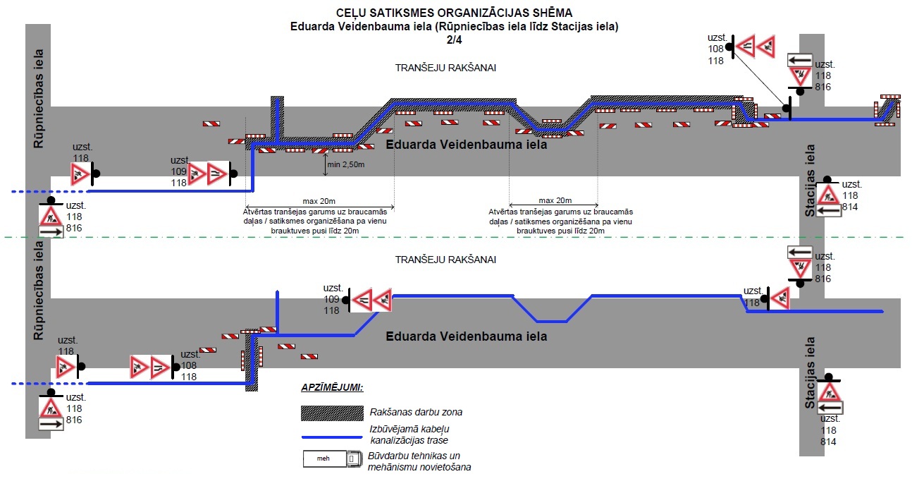 Satiksmes shēma E. Veidenbauma ielā (Rūpniecības–Stacijas iela) tranšeju rakšanai. Attēlota kabeļu trase, darba zonas un brīdinājuma zīmes par joslu sašaurinājumu.