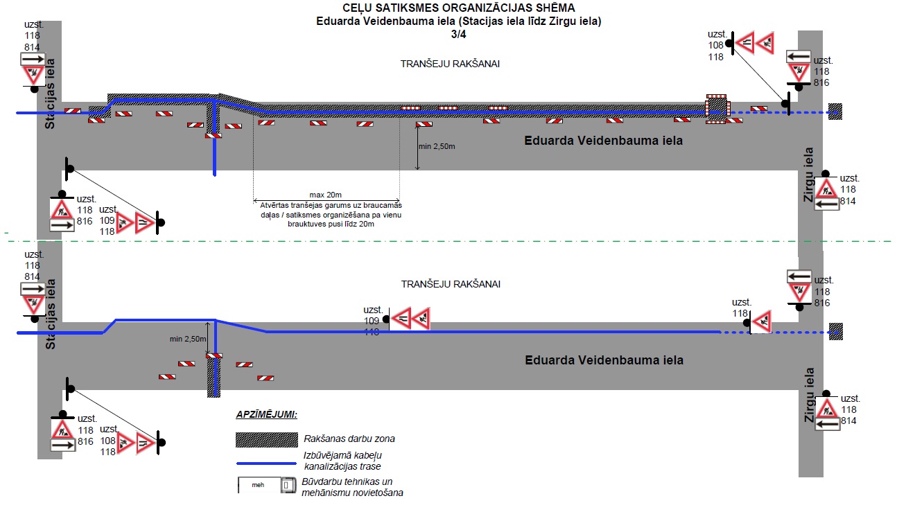 Satiksmes shēma E. Veidenbauma ielā (Stacijas–Zirgu iela) tranšeju rakšanai. Norādīta kabeļu trase, darba zonas un brīdinājuma zīmes par joslu sašaurinājumu.