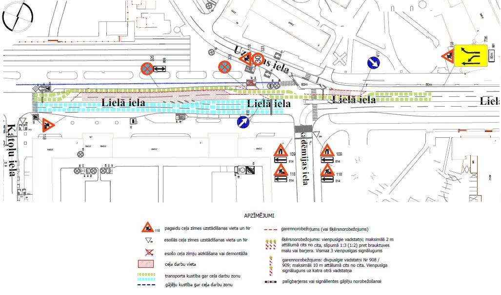 Satiksmes organizācijas shēma ar izmaiņām Lielajā ielā – izveidotas joslu sašaurināšanas un novirzes, pagaidu gājēju un transporta kustības zonas, kā arī ceļa zīmes (ātruma ierobežojums 30 km/h, brīdinājuma zīmes par ceļa darbiem, apbraukšanas norādes un aizlieguma zīmes)