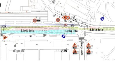 Lielā_iela_akas_small Satiksmes organizācijas shēma ar izmaiņām Lielajā ielā – izveidotas joslu sašaurināšanas un novirzes, pagaidu gājēju un transporta kustības zonas, kā arī ceļa zīmes (ātruma ierobežojums 30 km/h, brīdinājuma zīmes par ceļa darbiem, apbraukšanas norādes un aizlieguma zīmes)