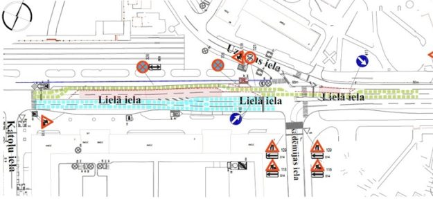 Lielā_iela_akas_small Satiksmes organizācijas shēma ar izmaiņām Lielajā ielā – izveidotas joslu sašaurināšanas un novirzes, pagaidu gājēju un transporta kustības zonas, kā arī ceļa zīmes (ātruma ierobežojums 30 km/h, brīdinājuma zīmes par ceļa darbiem, apbraukšanas norādes un aizlieguma zīmes)