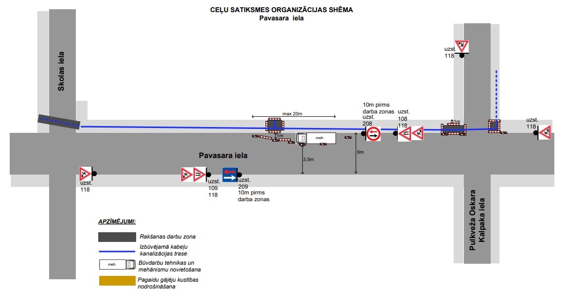 Satiksmes organizācijas shēma Pavasara ielas posmā starp Skolas un Pulkveža Oskara Kalpaka ielu. Attēlota kabeļu trases izbūve, rakšanas zonas un brīdinājuma zīmes.