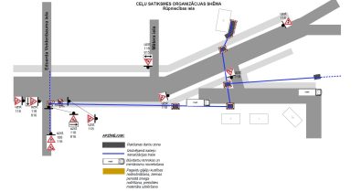 Rupniecibas_iela_3 Satiksmes shēma Rūpniecības, E. Veidenbauma un Mātera ielu krustojumos. Attēlota kabeļu trases izbūve, rakšanas zonas un brīdinājuma zīmes par darbiem un joslu maiņu.
