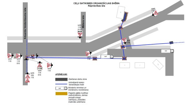 Rupniecibas_iela_3 Satiksmes shēma Rūpniecības, E. Veidenbauma un Mātera ielu krustojumos. Attēlota kabeļu trases izbūve, rakšanas zonas un brīdinājuma zīmes par darbiem un joslu maiņu.