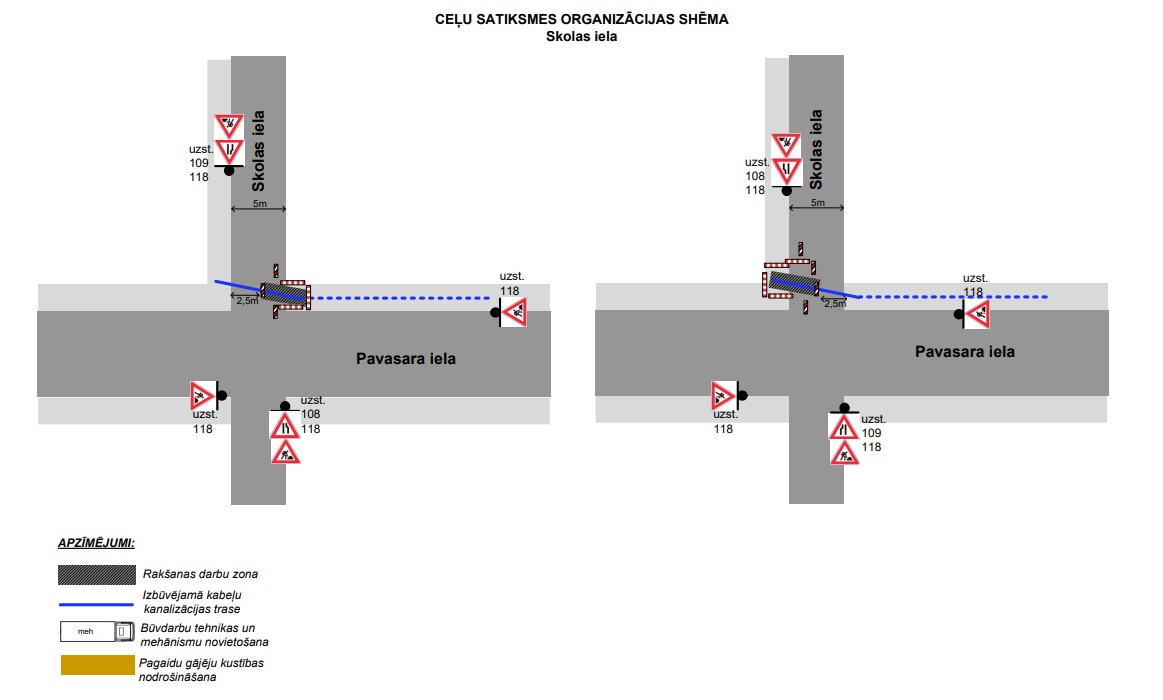 Satiksmes shēma Skolas un Pavasara ielu krustojumā. Attēlota kabeļu trases izbūve, rakšanas zonas un brīdinājuma zīmes par ceļu darbiem un joslu sašaurinājumu.