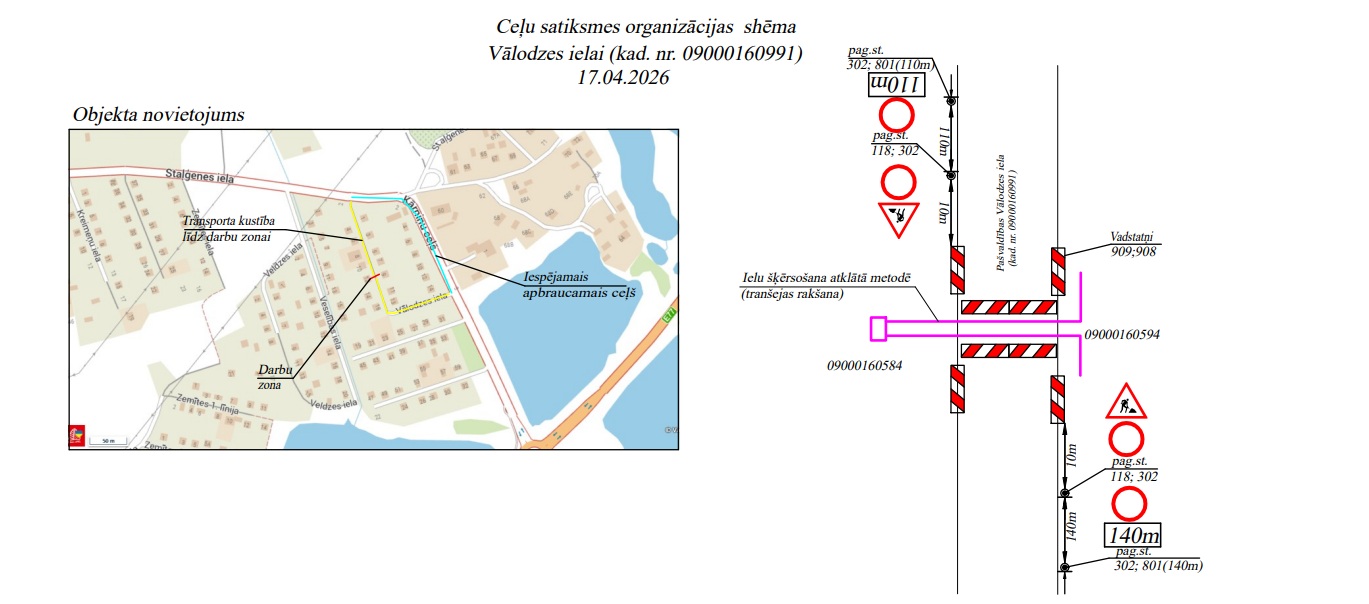 Satiksmes organizācijas shēma Valodzes ielā: iezīmēta darbu zona ar ierobežotu satiksmi. Caurbraukšana nav atļauta, nodrošināts apbraucamais ceļš.