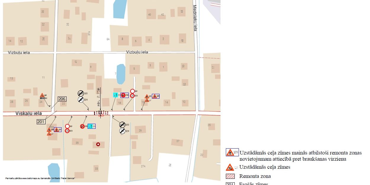 Satiksmes organizācijas plāns Viskaļu ielas posmā pie Vizbuļu ielas. Shēmā attēlota remonta zona, uzstādāmās un esošās ceļa zīmes, kā arī paskaidrojošā leģenda.