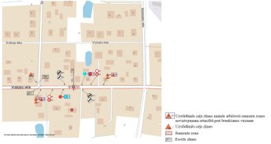 Viskalu_iela Satiksmes organizācijas plāns Viskaļu ielas posmā pie Vizbuļu ielas. Shēmā attēlota remonta zona, uzstādāmās un esošās ceļa zīmes, kā arī paskaidrojošā leģenda.
