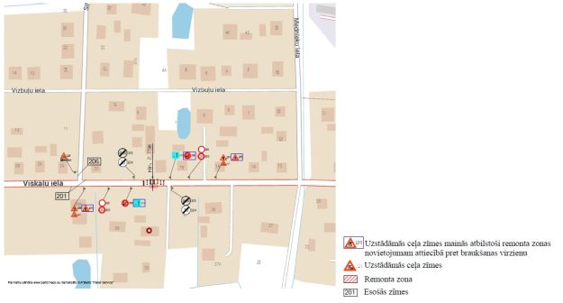Viskalu_iela Satiksmes organizācijas plāns Viskaļu ielas posmā pie Vizbuļu ielas. Shēmā attēlota remonta zona, uzstādāmās un esošās ceļa zīmes, kā arī paskaidrojošā leģenda.