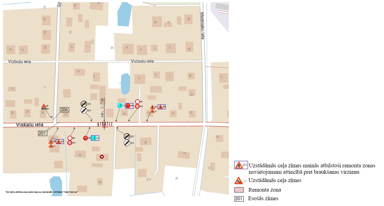 Satiksmes organizācijas plāns Viskaļu ielas posmā pie Vizbuļu ielas. Shēmā attēlota remonta zona, uzstādāmās un esošās ceļa zīmes, kā arī paskaidrojošā leģenda.