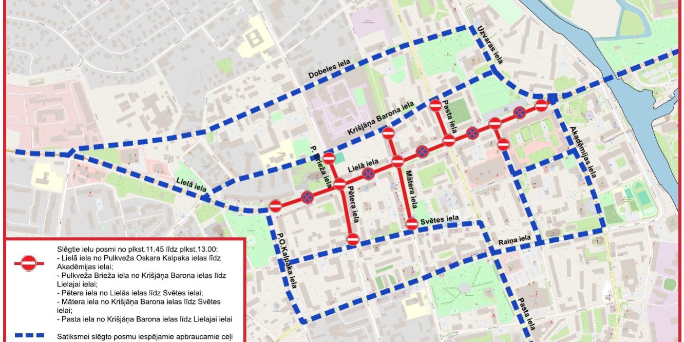 Jelgavas karte ar skrējiena “Brīvības stafetes” maršrutu 04.05.2026., iezīmēti slēgtie ielu posmi centrā un apbraucamie ceļi, kā arī stāvēšanas ierobežojumi.