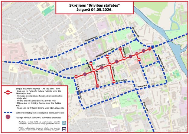 brivibas_stafetes Jelgavas karte ar skrējiena “Brīvības stafetes” maršrutu 04.05.2026., iezīmēti slēgtie ielu posmi centrā un apbraucamie ceļi, kā arī stāvēšanas ierobežojumi.