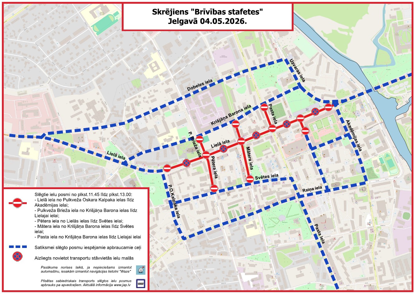 Jelgavas karte ar skrējiena “Brīvības stafetes” maršrutu 04.05.2026., iezīmēti slēgtie ielu posmi centrā un apbraucamie ceļi, kā arī stāvēšanas ierobežojumi.