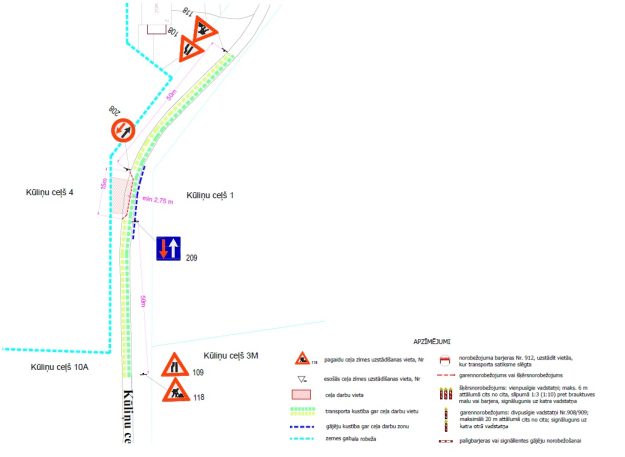 Kulinu_cels Satiksmes organizācijas shēma ceļa darbu zonā ar zīmēm un apzīmējumiem, kur norādīta pagaidu transporta un gājēju kustība.