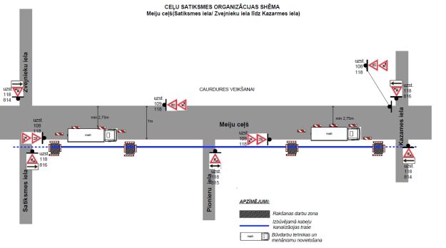 Meiju cels Ceļu satiksmes organizācijas shēma būvdarbiem Meiju ceļā posmā no Zvejnieku ielas līdz Kazarmes ielai.