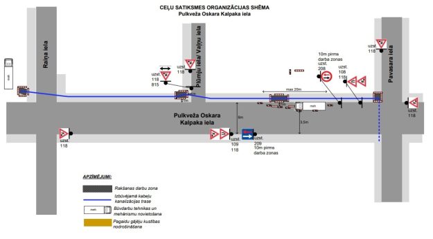 Satiksmes organizācijas shēma Pavasara ielā. Attēlota rakšanas darbu zona, tehnikas izvietojums un pagaidu ceļa zīmes.