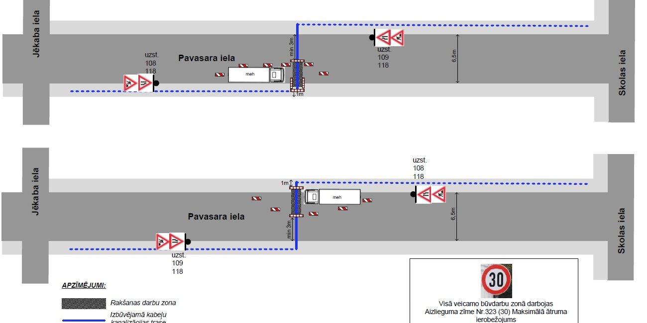 Pavasara ielas satiksmes shēma: kabeļu trases izbūve posmā Jēkaba–Skolas iela. Ātruma ierobežojums 30 km/h.